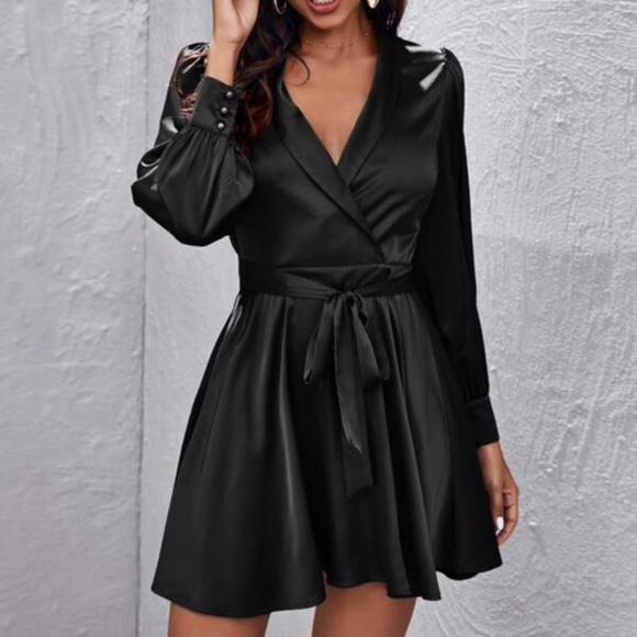 Bellanblue Dresses & Skirts - V neck Black satin long sleeve ruffle dress Party